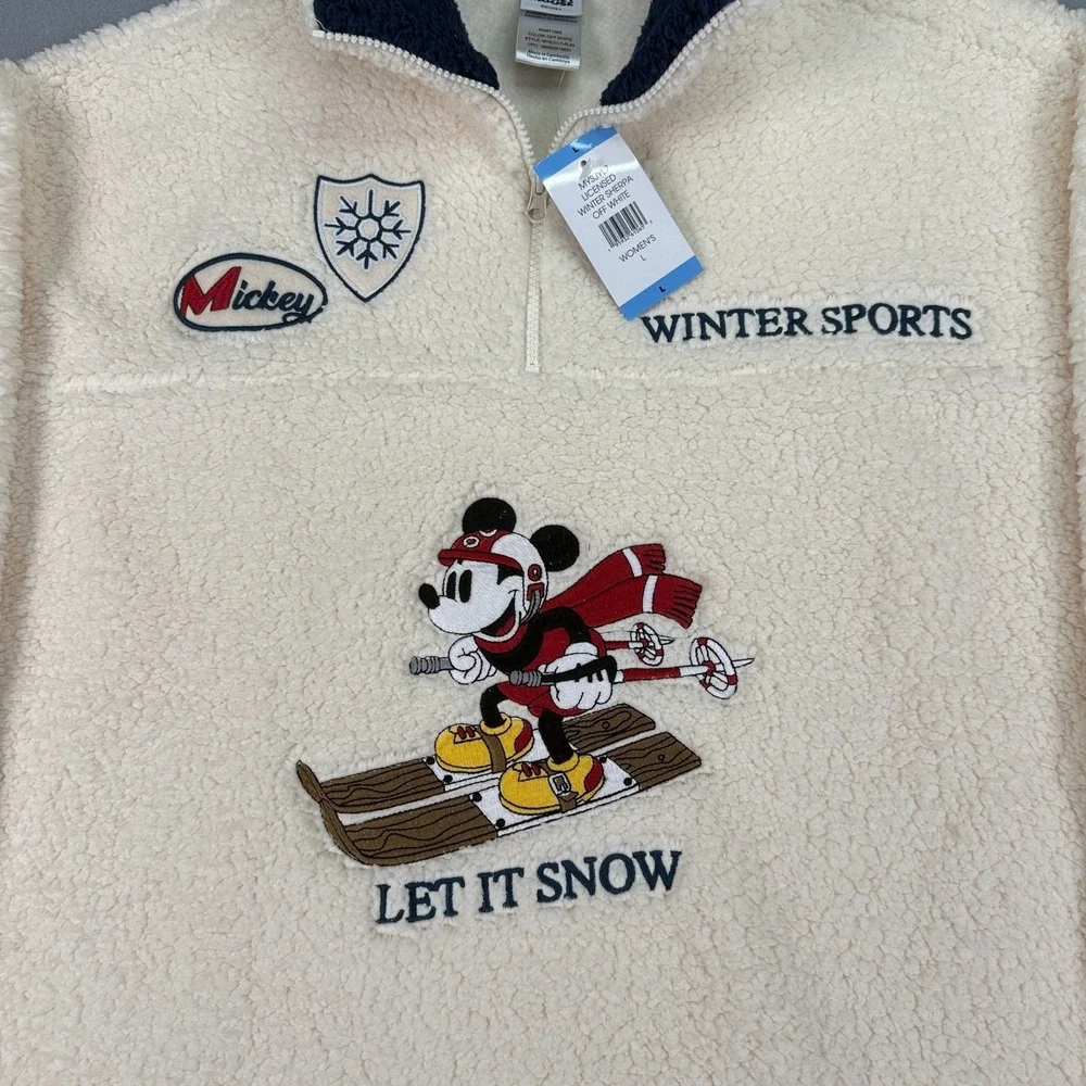 Disney Mickey Mouse Winter Sherpa 1/4 Zip Pullover Jacket Womens Sz L Off-White